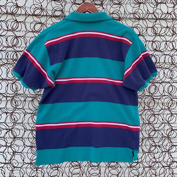 Vintage 90s Eddie Bauer blue teal striped polo shirt MEDIUM - Picture 6 of 6